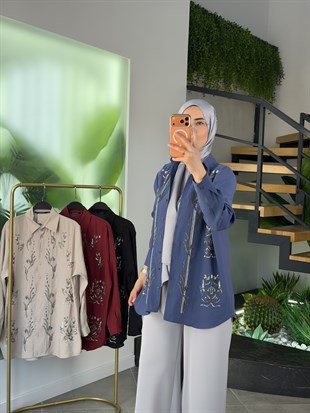 İndigo Renk Boncuk İşlemeli Modal Gömlek