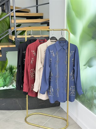 İndigo Renk Boncuk İşlemeli Modal Gömlek