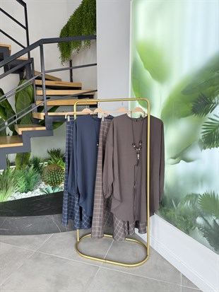 İndigo Renk Eteği Ekose Desenli Takım