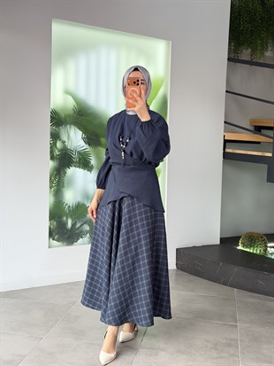 İndigo Renk Eteği Ekose Desenli Takım