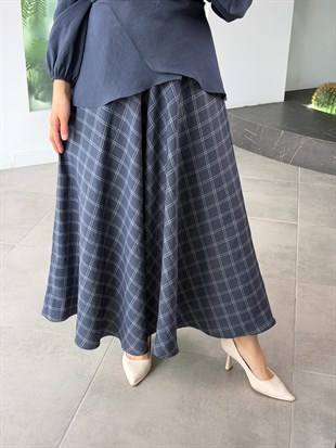 İndigo Renk Eteği Ekose Desenli Takım