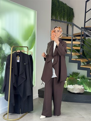 Kahve Renk Akışkan Kesim Şal Yaka Plus Size Takım