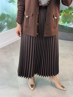 Kahve Renk Beli Lastikli Piliseli Etek