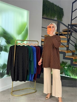 Kahve Renk Dama Desenli Merserize Tunik