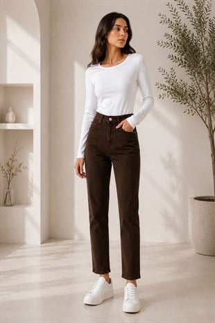 Kahve Renk Dar Paça Beli Lastikli Denim Pantolon
