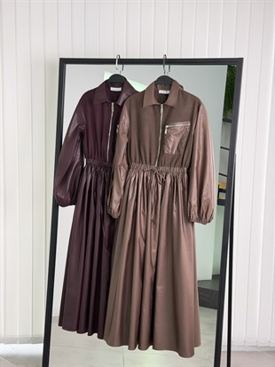 Kahve Renk Deri Görünümlü Fermuar Detaylı Elbise