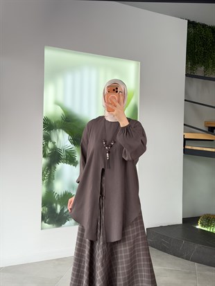 Kahve Renk Eteği Ekose Desenli Takım
