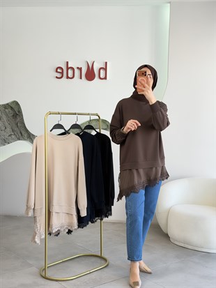 Kahve Renk Etek Ucu Tül Detaylı Asimetrik Tunik