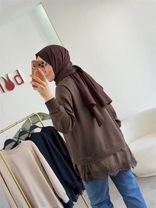 Kahve Renk Etek Ucu Tül Detaylı Asimetrik Tunik