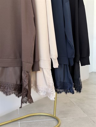 Kahve Renk Etek Ucu Tül Detaylı Asimetrik Tunik