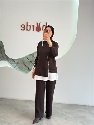 Kahve Renk Fermuar Detaylı Pantolonlu Takım