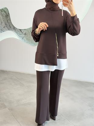 Kahve Renk Fermuar Detaylı Pantolonlu Takım