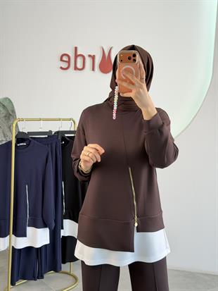 Kahve Renk Fermuar Detaylı Pantolonlu Takım