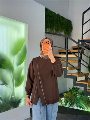 Kahve Renk Fermuar Detaylı Sweatshırt