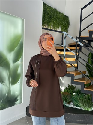 Kahve Renk Fermuar Ve Boncuk Detaylı Sweatshirt