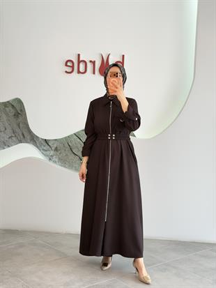Kahve Renk Fermuarlı Kolları Apoletli Elbise