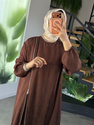 Kahve Renk Jakar Kumaşlı Yandan Fermuarlı Takım