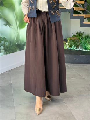 Kahve Renk  Kemer Ve Pile Detaylı Cotton Etek
