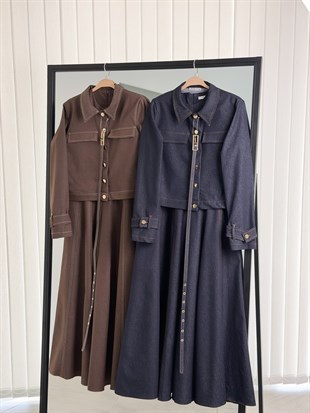 Kahve Renk Mini Ceketli Kemer Detaylı  Elbise