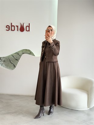 Kahve Renk Mini Ceketli Kemer Detaylı  Elbise