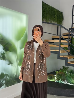 Kahve Renk Nakış Ve Boncuk İşlemeli Gömlek