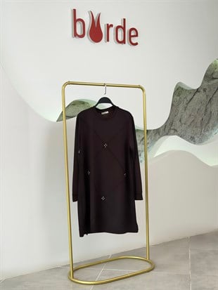 Kahve Renk Nervürlü Ve Taşlı Tunik