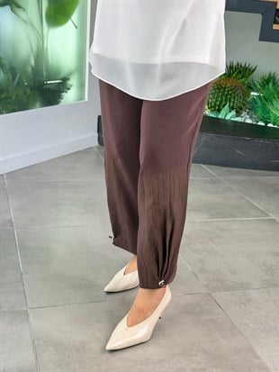 Kahve Renk Paçası Büzgülü Ve Paraşüt Kumaş Garnili Pantolon