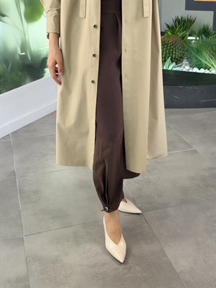 Kahve Renk Paçası Büzgülü Ve Paraşüt Kumaş Garnili Pantolon