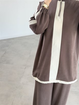 Kahve Renk Paraşüt Kumaş Garnili İkili Takım