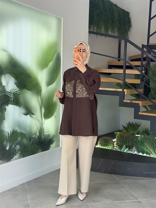 Kahve Renk Pul Ve Pulet İşlemeli Plus Size Gömlek