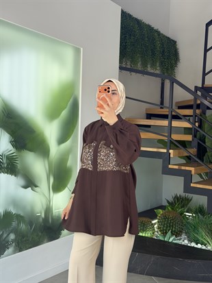 Kahve Renk Pul Ve Pulet İşlemeli Plus Size Gömlek