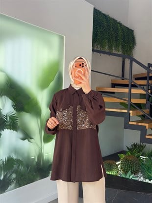 Kahve Renk Pul Ve Pulet İşlemeli Plus Size Gömlek