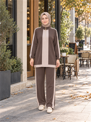 Kahve Renk Renk Garnili Şerit Detaylı Takım