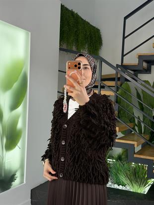 Kahve Renk Saçaklı Triko Hırka