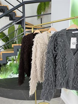 Kahve Renk Saçaklı Triko Hırka