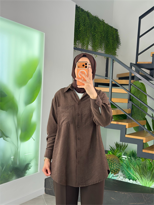 Kahve Renk Süet Kumaş Cep Detaylı Gömlek