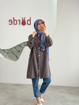 Kahve Renk Tensel Kumaş Çıtçıtlı Giy-Çık | Rahat Kadın Kap & Günlük Kombin