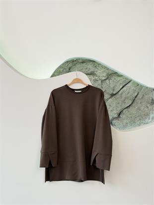 Kahve Renk Yandan Yırtmaçlı Basıc Sweatshirt