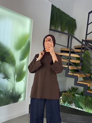 Kahve Renk Yandan Yırtmaçlı Basıc Sweatshirt