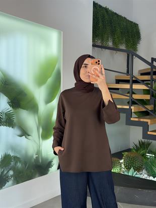 Kahve Renk Yandan Yırtmaçlı Basıc Sweatshirt