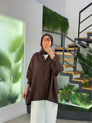 Kahve Renk Yarasa Kol Oversize Basic Gömlek