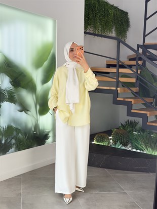 Sarı Renk Keten Görünümlü Oversize Gömlek