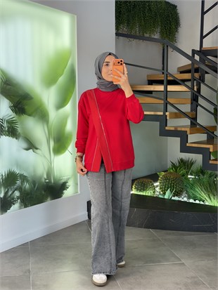 Kırmızı Renk Fermuar Detaylı Sweatshırt