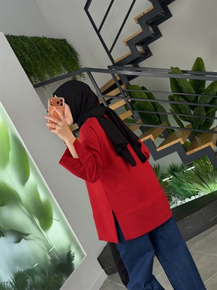 Kırmızı Renk Yandan Yırtmaçlı Basıc Sweatshirt