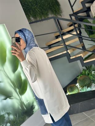 Kot Kumaş Garnili Ekru Renk Kadın Sweatshirt 