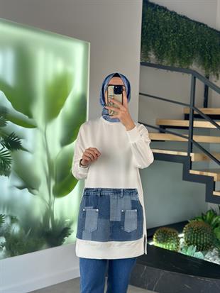 Kot Kumaş Garnili Ekru Renk Kadın Sweatshirt 