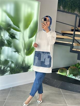 Kot Kumaş Garnili Ekru Renk Kadın Sweatshirt 