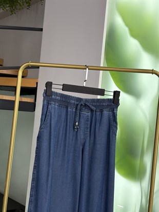 Koyu Mavi Renk Beli Lastikli Bol Paça Tensel Pantolon