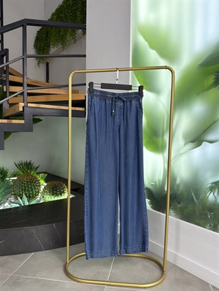 Koyu Mavi Renk Beli Lastikli Bol Paça Tensel Pantolon