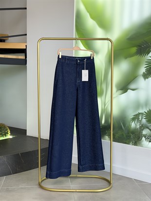 Koyu Mavi Renk Işıltı Wide Leg Jean Pantolon